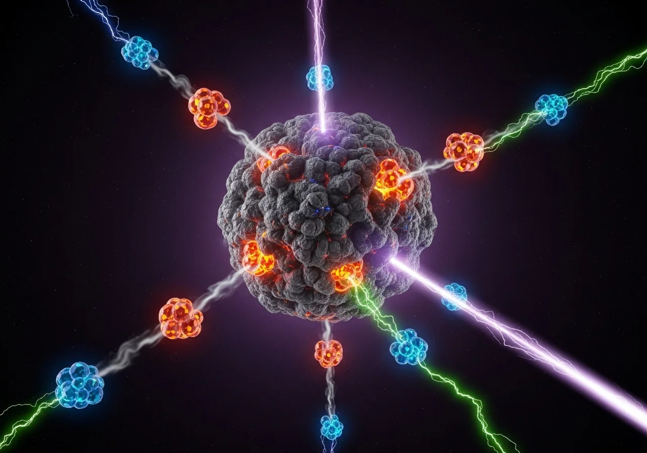 Umělecká vizualizace rozpadu atomového jádra